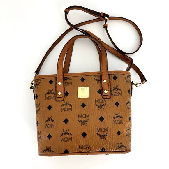 MCM Visetos Mini Anya Top Zip Shopper Tote Crossbody Handbag Cognac Brown #10947 - Picture 2 of 16